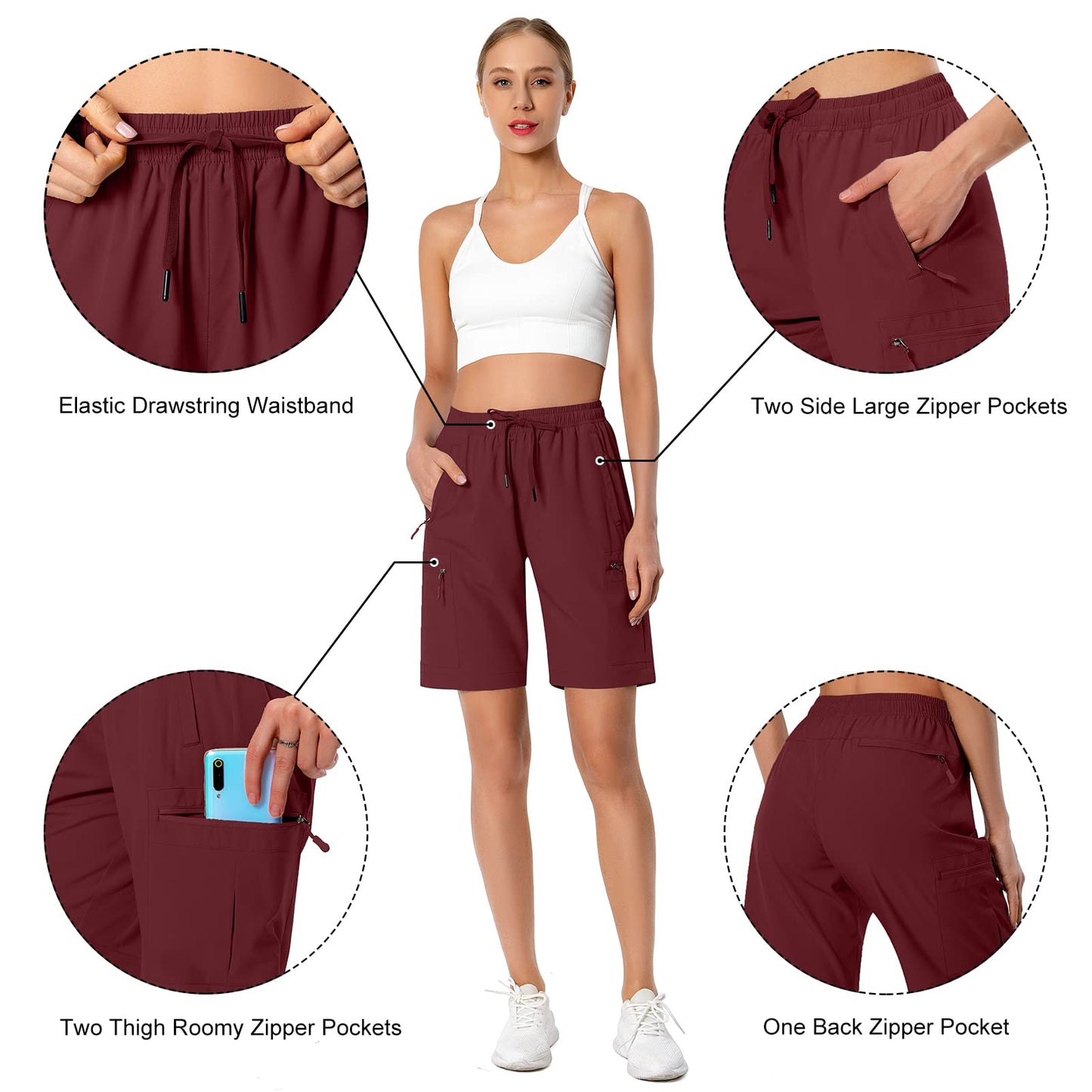 Hugut Women's Lightweight Hiking Cargo Shorts Quick Dry Athletic Shorts Camping Travel Golf Zipper Pockets Water Resistant Maroon
