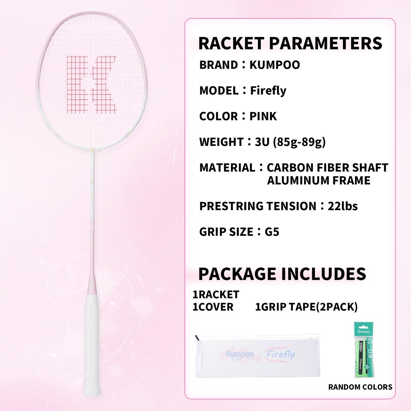 KUMPOO Badminton Racket Professional, Carbon Fiber 4U Badminton Pink Racket Set with Grip and Cover, Pro Badminton Racquet Lightweight for Beginners Outdoor Games, DS-202 Pink