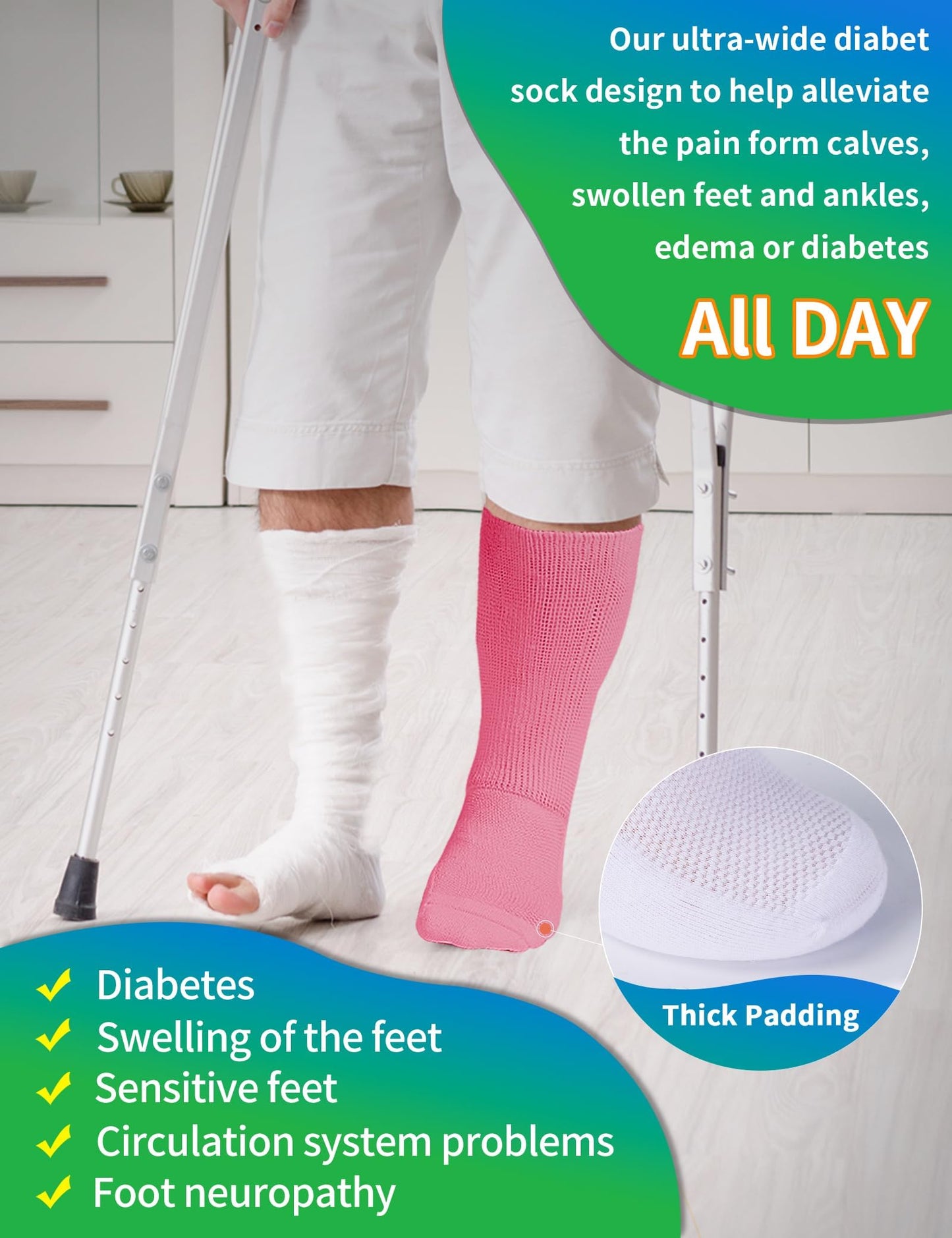 Powbrace 2 Pairs Wide Diabetic Socks for Men Women Plus Size, Pink