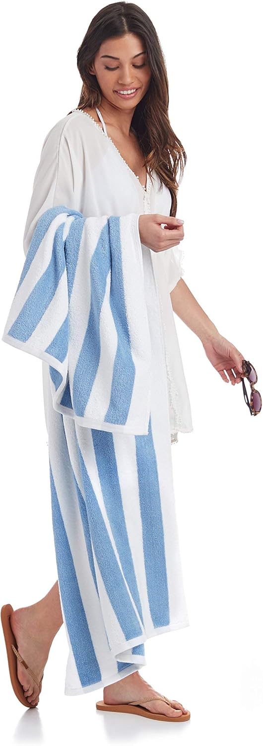 Soft & Absorbent Beach Towels - 100% Cotton Cabana Stripe | Quick Dry, Large 30" x 60", Sky Blue, 4-Pack