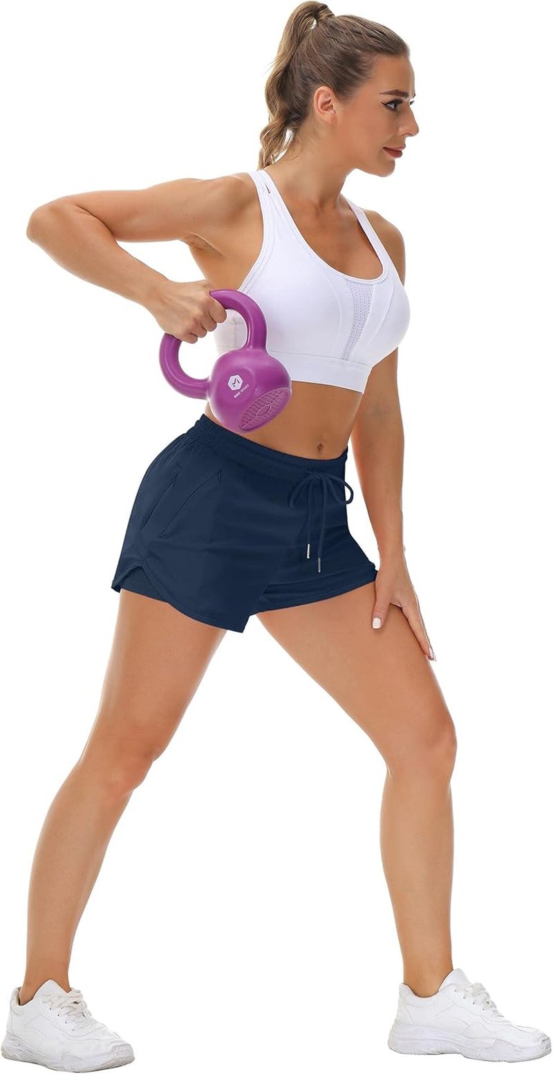 Women's Running Shorts with Liner - 3 Zipper Pockets, Elastic Athletic Gym & Yoga Shorts
