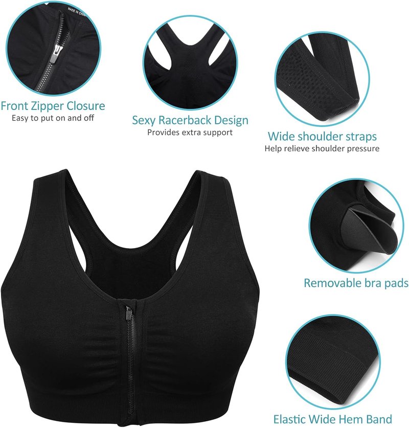 Women's Wireless Zip Front Sports Bra - Post-Surgery Comfort for Active Yoga | Soft & Supportive