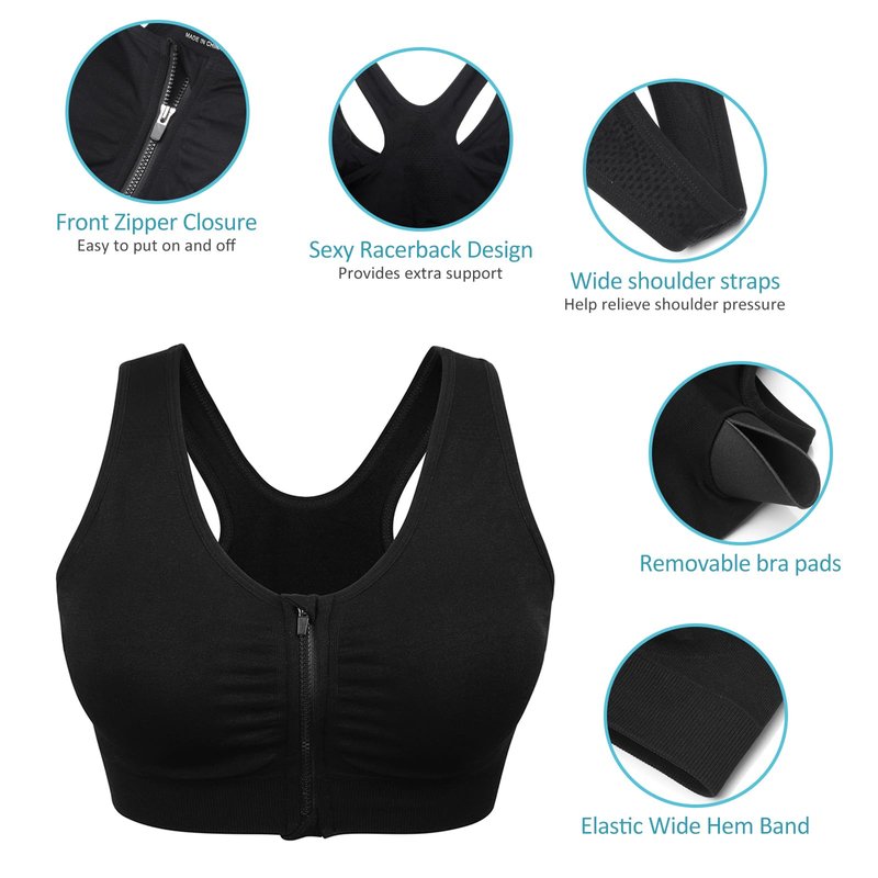 Women's Zip Front Sports Bra Wireless Post-Surgery Bra Racerback Workout Yoga Bras Padded Post-Surgical Bras Front Closure Sport Bra 3 Pack Bust Reduction Bra