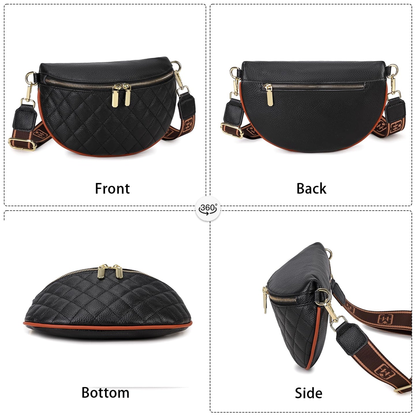 Eslcorri Fashion Waist Packs for Women - Quilted Vegan Fanny Packs Leather Waist Purse Anti Theft Crossbody Belt Bag for Sports Workout Traveling Running Casual - Black