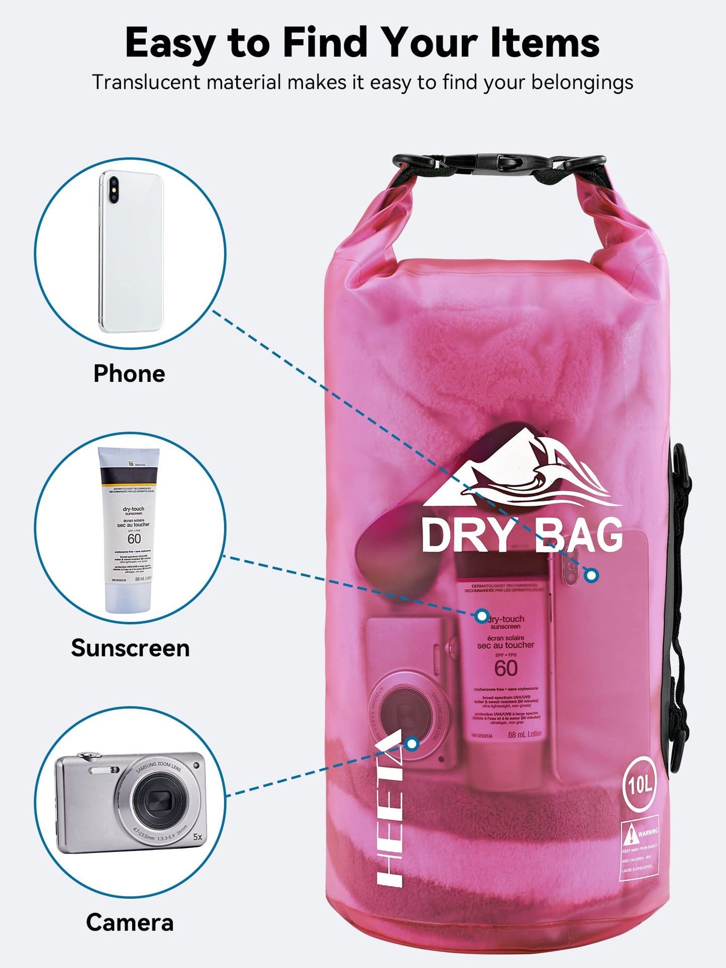HEETA Dry Bag Waterproof for Women Men, Roll Top Lightweight Dry Storage Bag Backpack with Phone Case for Travel Swimming Boating Kayaking Paddle Board Camping Beach Accessories (Rose Red, 30L)