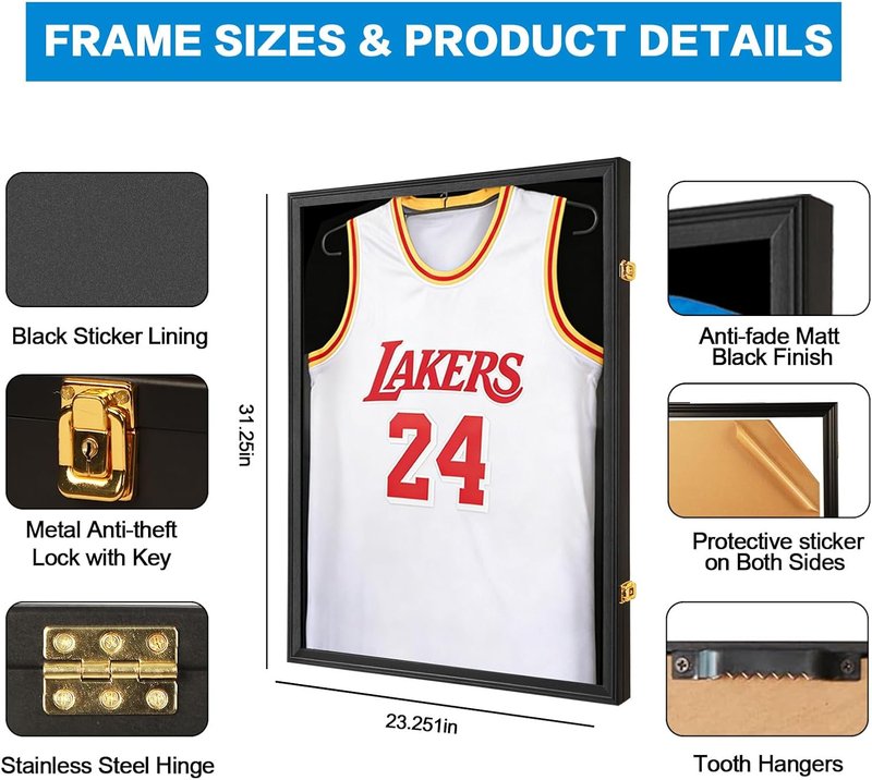 Jersey Frame Display Case - Large Lockable T-Shirt Shadow Box with UV Protection Acrylic | 3 Pack, Matte Black