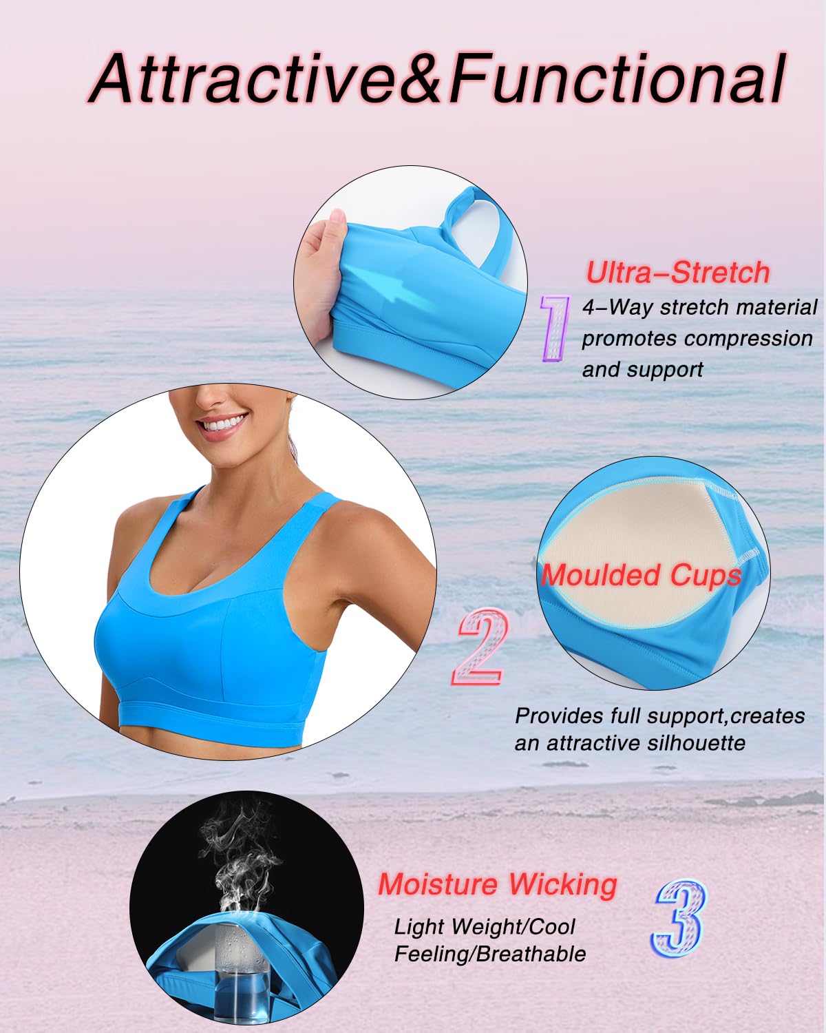 RUNNING GIRL High Impact Sports Bras for Women,Racerback Running Bra Workout Crop Tank Tops Longline Sports Bra Push up(WX2667 Bright Blue S)