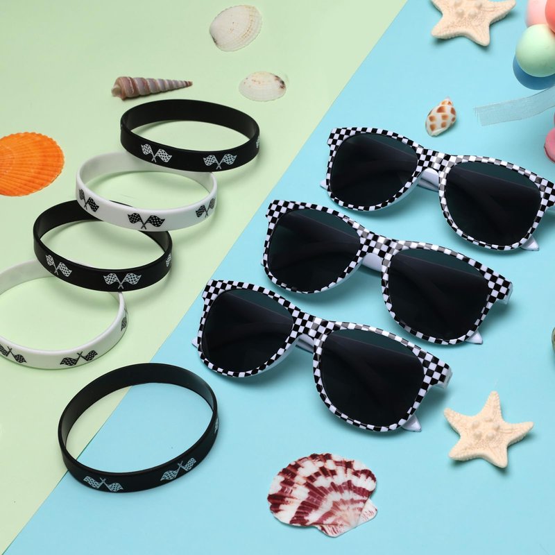 PLUVAVA 40 Pieces Race Car Checkered Sunglasses Flag Wristbands Black White Checker Sunglasses Silicone Flag Bracelets for Racing Theme Checkered Party Favors Summer Pool Beach