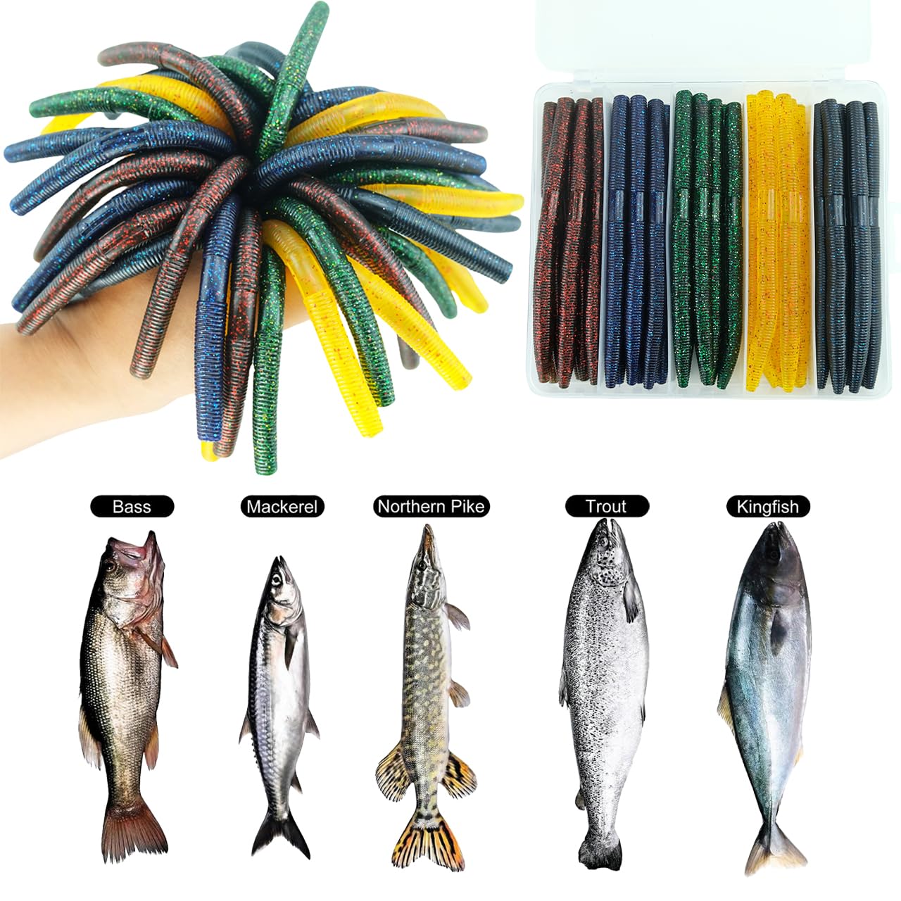 Senko Worms for Bass Fishing: 40PCS 5.5" Wacky Worm Lures Kit with Box | Senkos Soft Plastic Baits for Freshwater Saltwater | Slow-Fluttering Action
