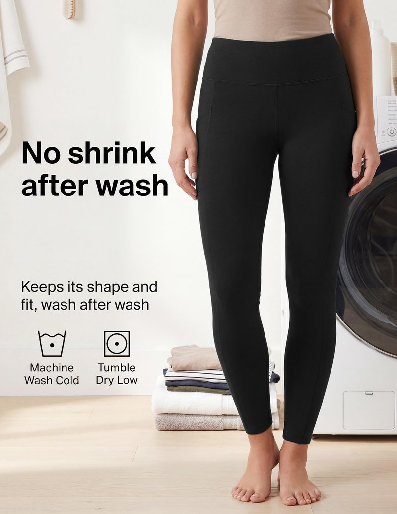 No Nonsense Cotton Leggings for Women with Side Pockets, Workout Stretch Pull-On Pants, Black, X-Large
