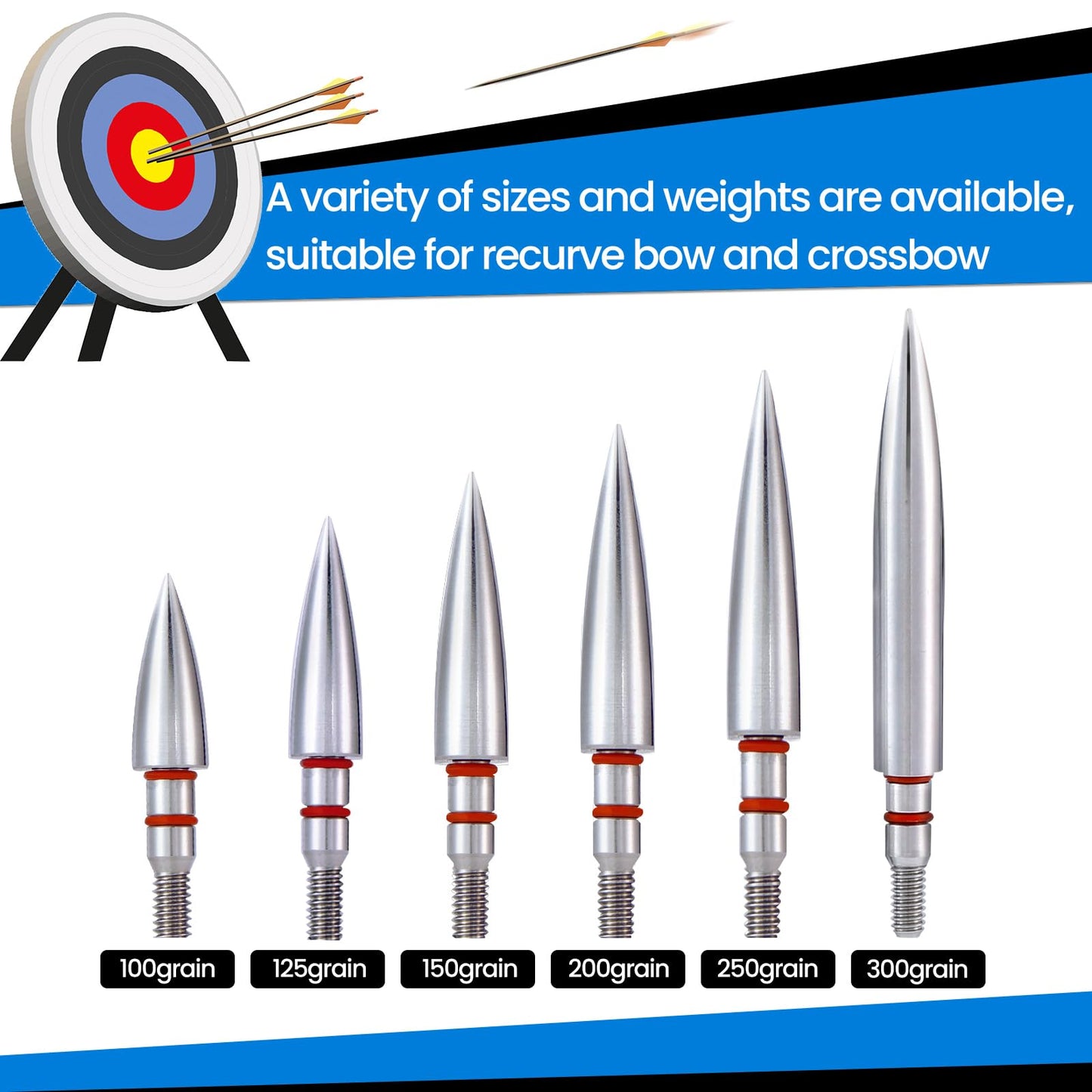 JGSDD 12pcs Archery Field Points, 100/125/150/300 Grain Field Points, Screw-in Archery Field Broadheads for Recurve, Compound Bow Crossbow, Archery Target Crossbow Practice Tip (19/64-300grain)