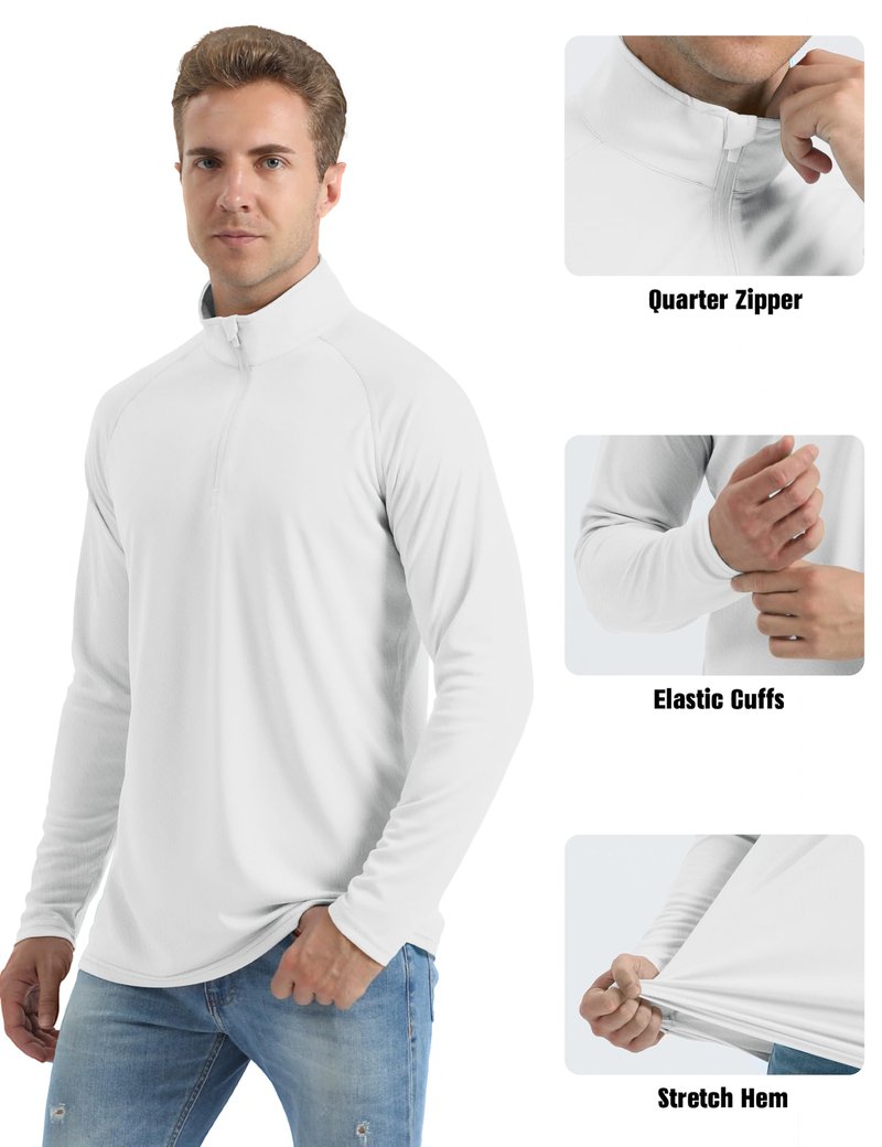 Mens Sun Shirts Quarter Zip Pullover UPF 50+ Fishing Long Sleeve Rash Guard Shirt White