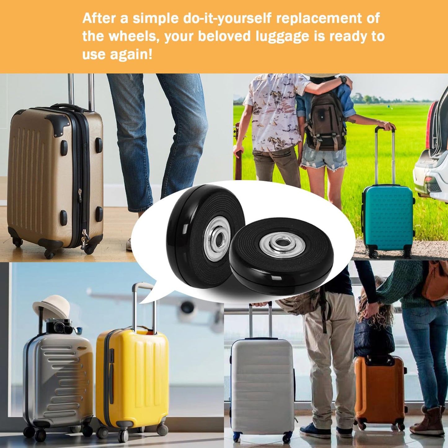 Luggage Suitcase Replacement Wheels 2.13inch(54mm) Diameter 8 Pcs 0.55inch(14mm) Thickness Wheel with 3 Sizes Axle Wear-Resistant Mute Rubber Swivel Caster Repair Kits for Trolley Bag Travel Box