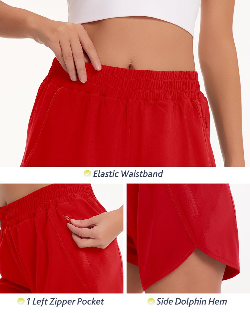 Red Running Shorts for Women - 3" Athletic High Waist Quick Dry with Liner Zipper Pockets for Workout Gym Medium
