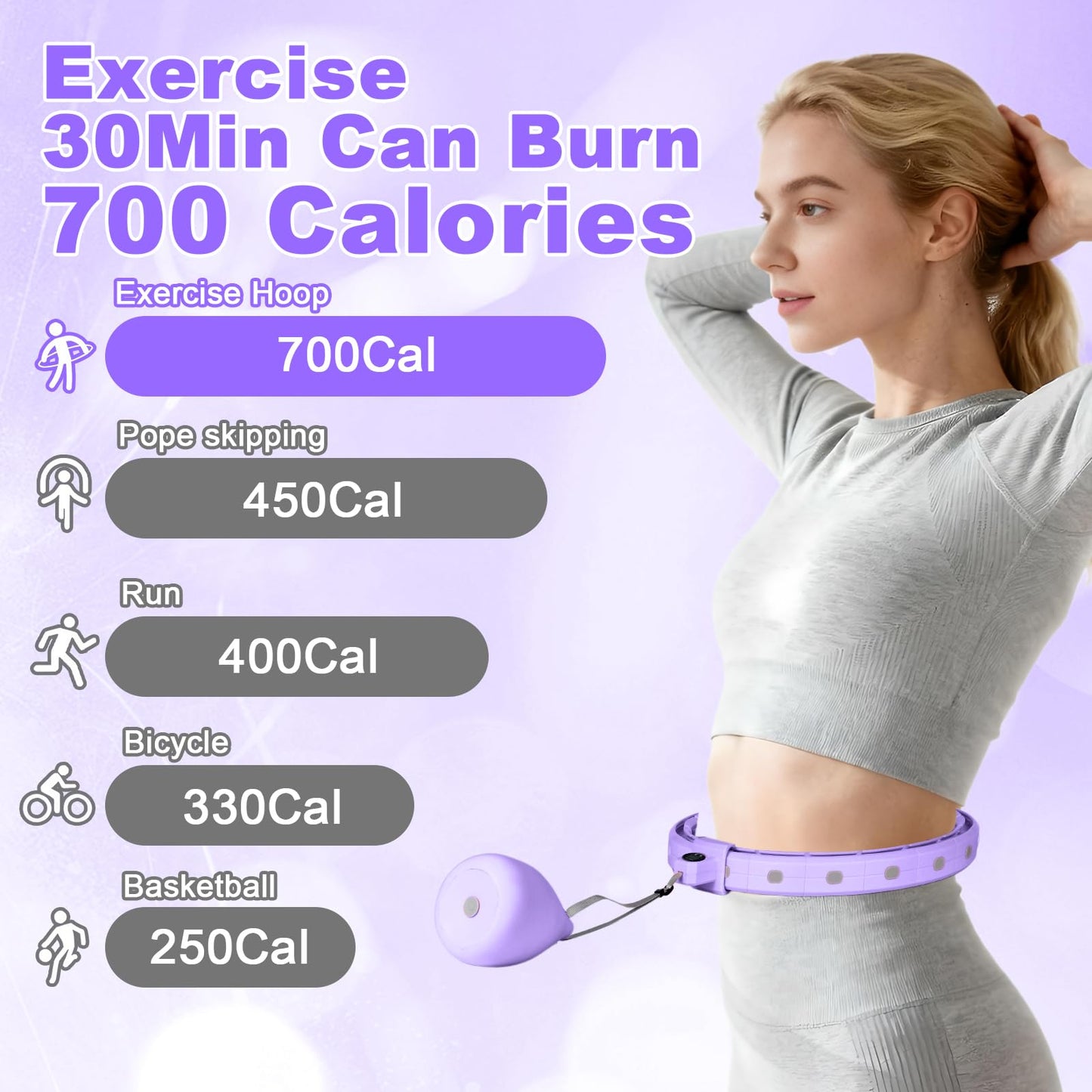 Smart Silent Weighted Fitness Hoop with Counter, Adjustable 30"-50" Infinite Exercise Hoop - A Spinning Hoop for Waist & Adult Weight Loss, for Women & Beginners (Purple)