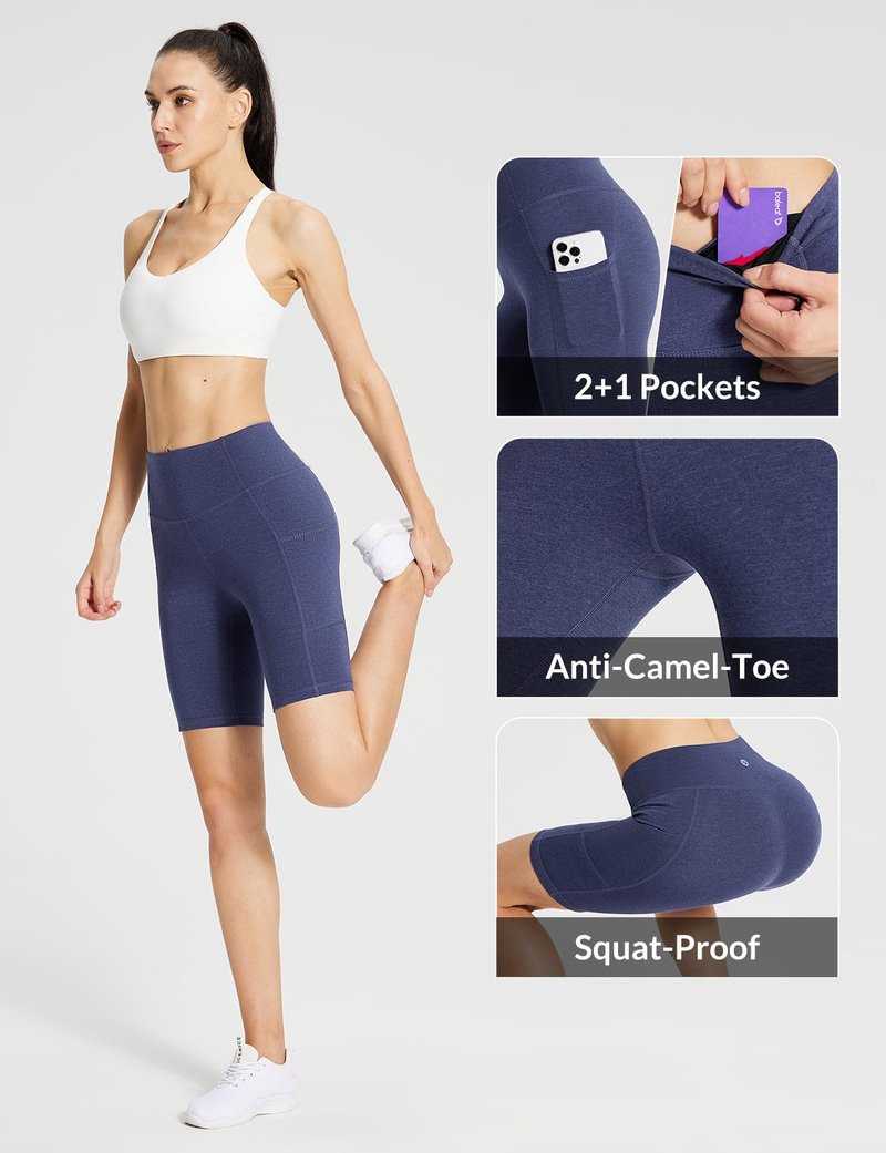 baleaf Biker Shorts Women Yoga Gym Workout Spandex Running Volleyball Tummy Control Compression with Pockets 8" Heather Blue XL