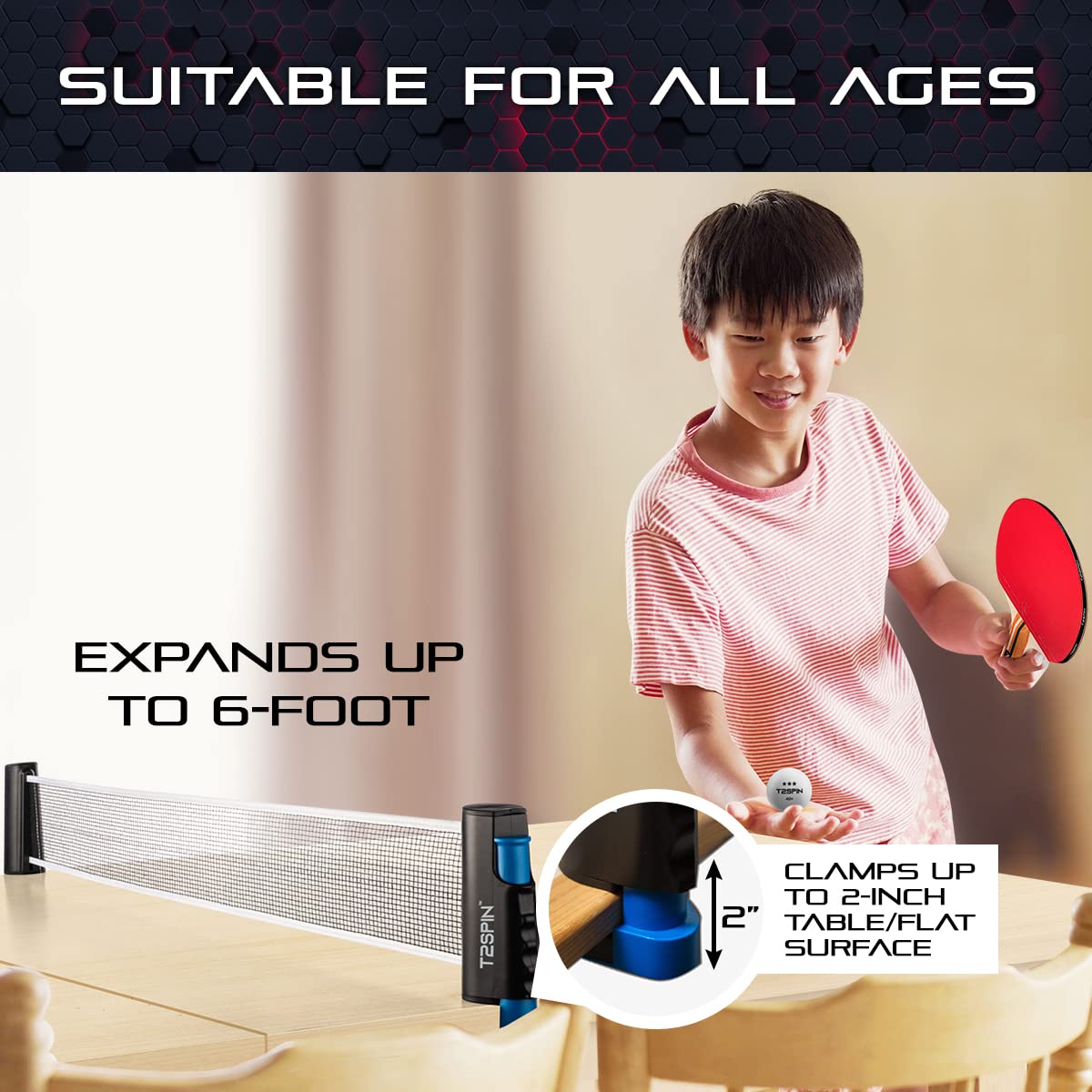 T2Spin Premium Retractable Ping Pong Net for Any Table - Portable Table Tennis Net -Ping Pong Net with Clamps -Table Tennis Accessories - Comes with Large Storage Bag