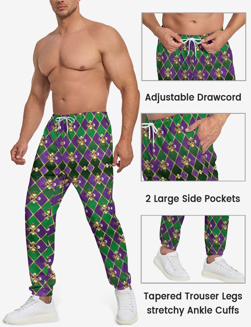 Purple Mardi Gras Jogger Sweatpants for Men,Retro Jogger Pants Outfit Funny Sports Trousers Casual Workout Pants L