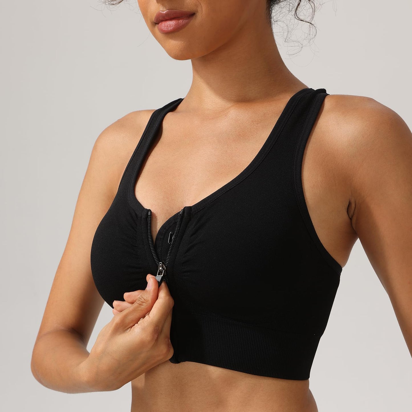 SPORME RUNNING Zip Front Sports Bra for Women - Medium Support Racerback Workout Bra with Removable Pads & Double Hooks(Black)