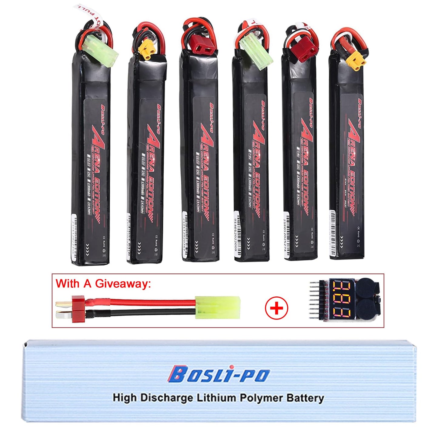 BosLi-Po 11.1V Lipo Battery Airsoft Battery 1300mAh 3S 25C Rechargeable High Capacity LiPo Battery with T Plug Connector and T Plug to Mini Tamiya Cable for Airsoft Guns
