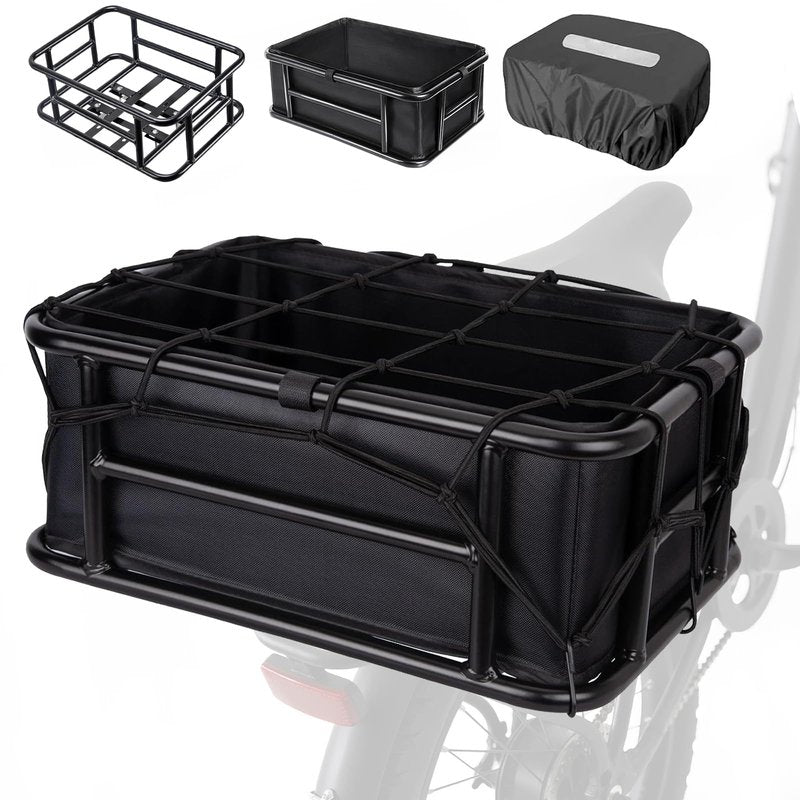 Lambolt Rear Rack Bike Basket for E-Bikes & Bikes - Heavy-Duty Bicycle Basket with Waterproof Liner, Cargo Net & Rain Cover - Great for Groceries, Dogs, Pets & Daily Commutes