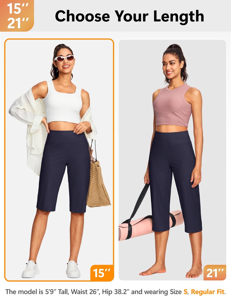 ISEEGZ 15"/ 18"/ 21"/ 25" Capri Pants for Women High Waist with Pockets Women's Capris Workout Yoga Pants Loose Straight Leg