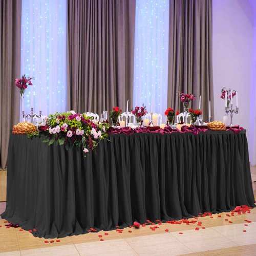 Partisky Black Polyester Table Skirt for Rectangle Tables 17ft, Wrinkle Resistant Pleated Ruffle Table Cloth for Banquet Wedding Trade Baby Shower Display Gift Dining Table