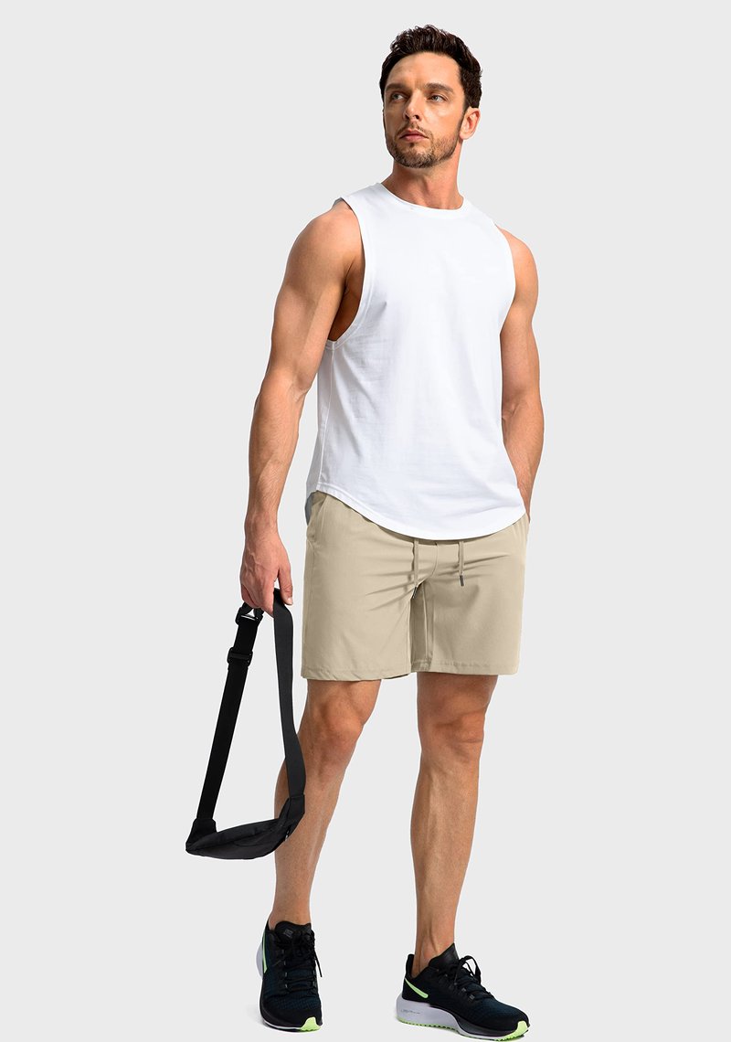 Soothfeel Men's Running Shorts with Zipper Pockets 7 Inch Lightweight Quick Dry Gym Athletic Workout Shorts for Men (Khaki, XXL)