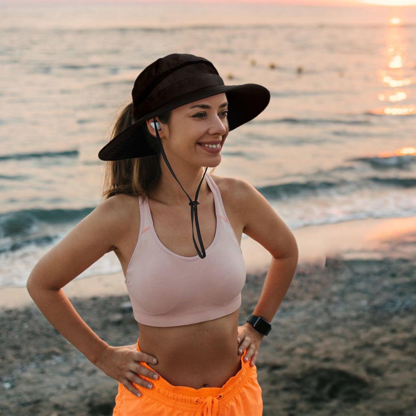 Bucket Sun Hat for Women Wide Brim Breathable Mesh UPF50+ Safari Hat Criss Cross Ponytail Hole Outdoor Rain Hat Black