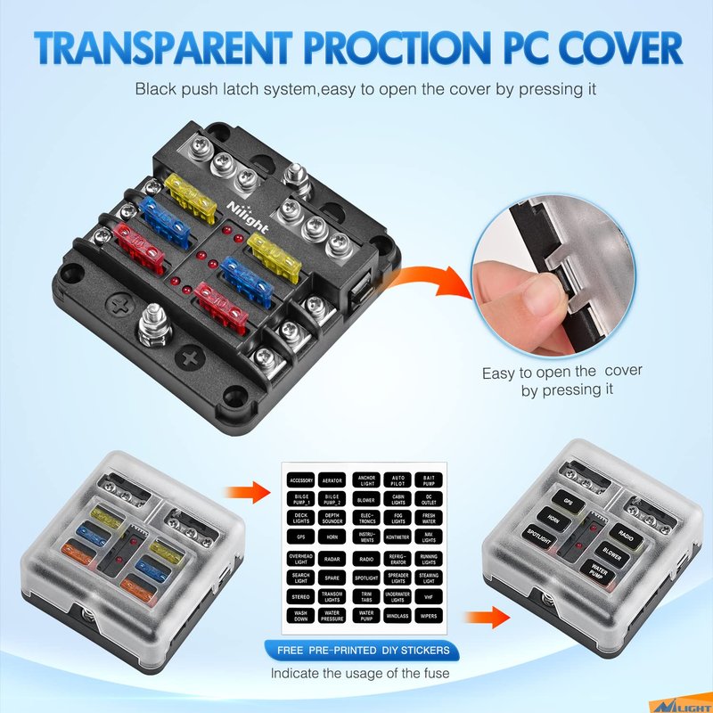 Nilight - 50055F 6 Way Blade Screw Fuse Block 6 Circuits with Negative Bus Fuse Box Holder with LED Indicator ATO/ATC Fuse Panel Waterproof Cover for 12V Automotive Cars Marine Boats RVs Trailers