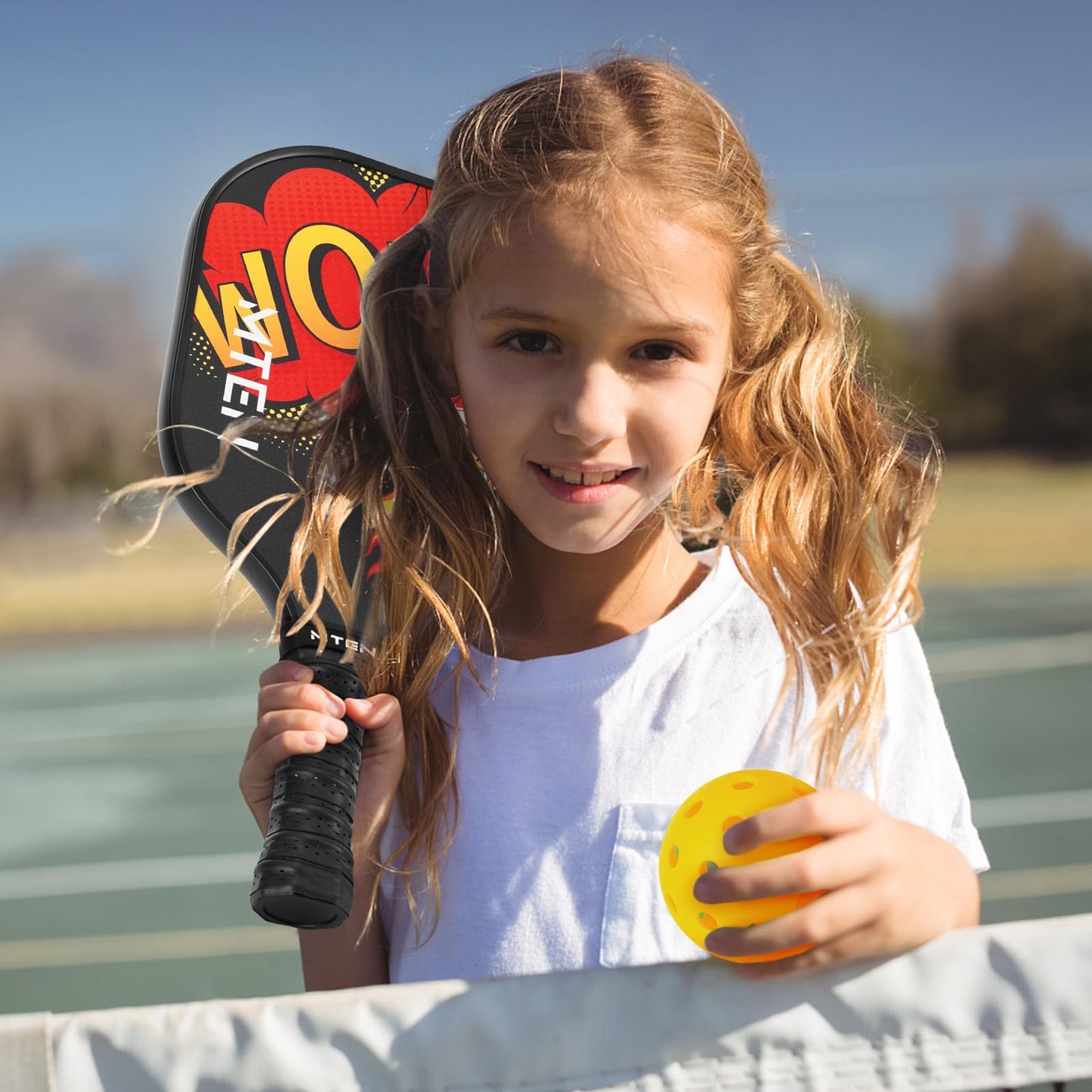 MTEN Pickleball Paddle for Kids, Fiberglass Surface Pickleball Padlles Set of 2,Child Size for Children 12 and Above, Pickleball Paddle & Drawstring Bag (Wow)