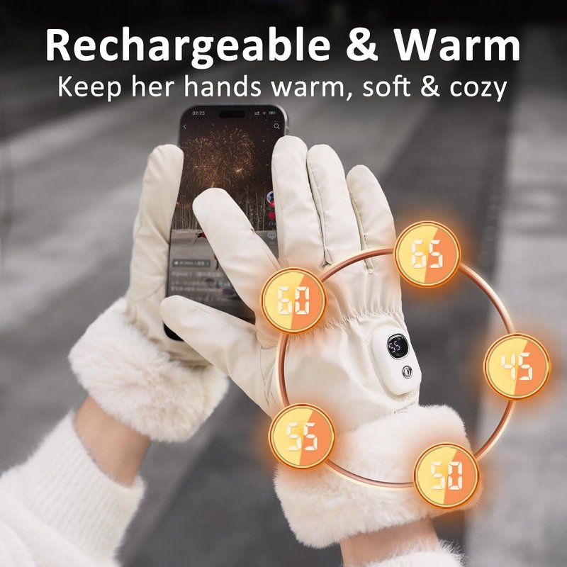 yoostooper Women's Heated Gloves, Off-White Glove with Palm & Back Heating Function, Rechargeable Touchscreen Gloves for Winter Outdoor Activities (Driving, Walking, Camping) - Medium
