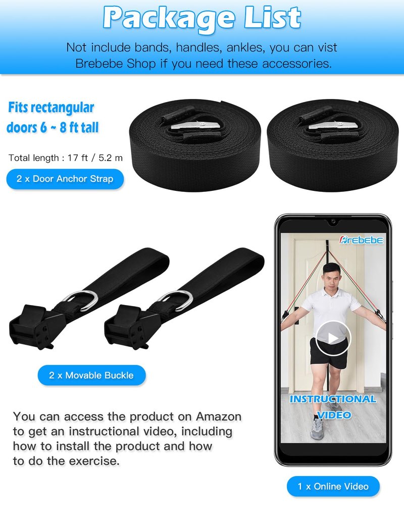 Brebebe Door Anchor Strap for Resistance Bands Exercise, New Upgraded Version Freely Anchor Points for All Exercise Heights, Home Gym Fitness Attachments, Easy to Install, Punch-Free, Nail-Free