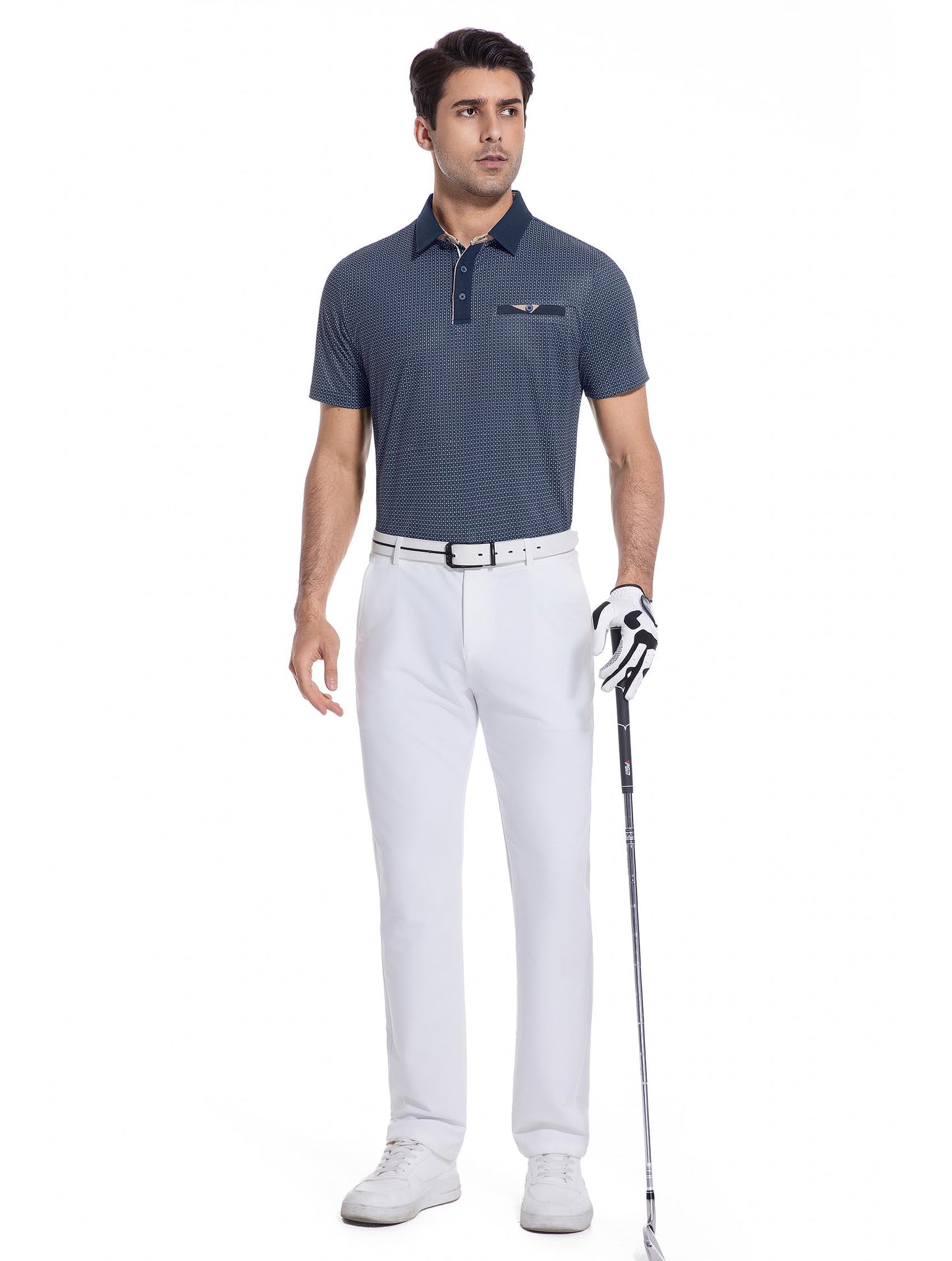 Esabel.C Men's Golf Polo Shirts Print Moisture Wicking Short Sleeve Dry Fit Stretch Polo Shirts for Men Navy Geometry, XL