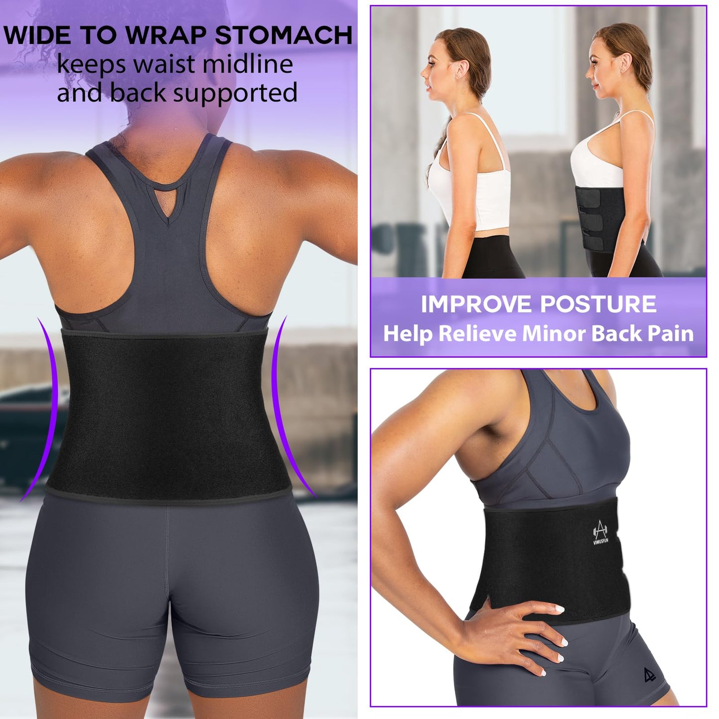 VIMUSFUN Waist Trimmer for Women Belly Fat, Sweat Waist Trainer Stomach Wraps for Weight Loss, Exercise Sweat Bands, Sauna belts Black