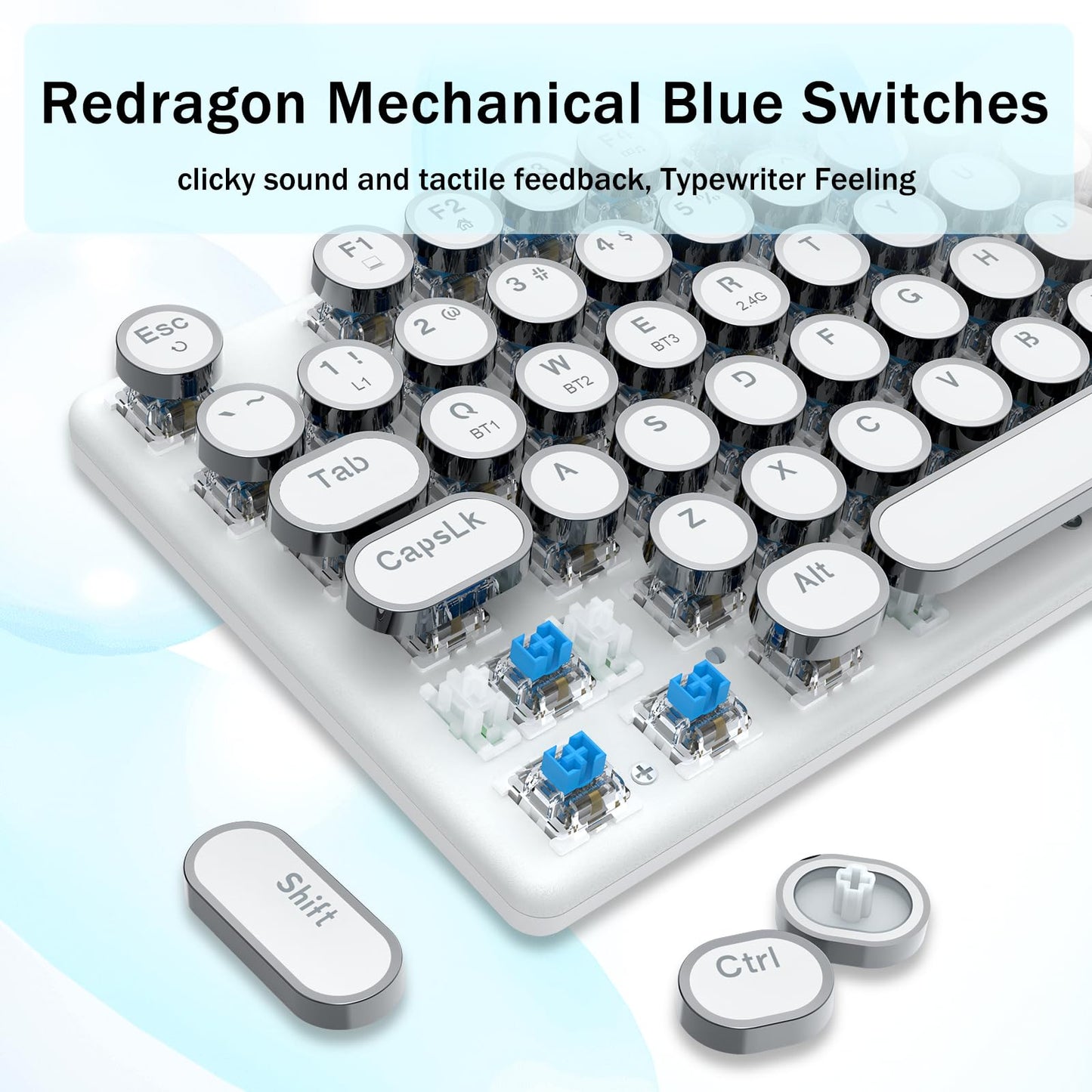 Redragon K710 Wireless Typewriter Mechanical Gaming Keyboard, Bluetooth/2.4Ghz/Wired, RGB LED Backlit, Blue Switch - Clicky, Rechargeable, Solid Metal Panel, Round Keycaps, White