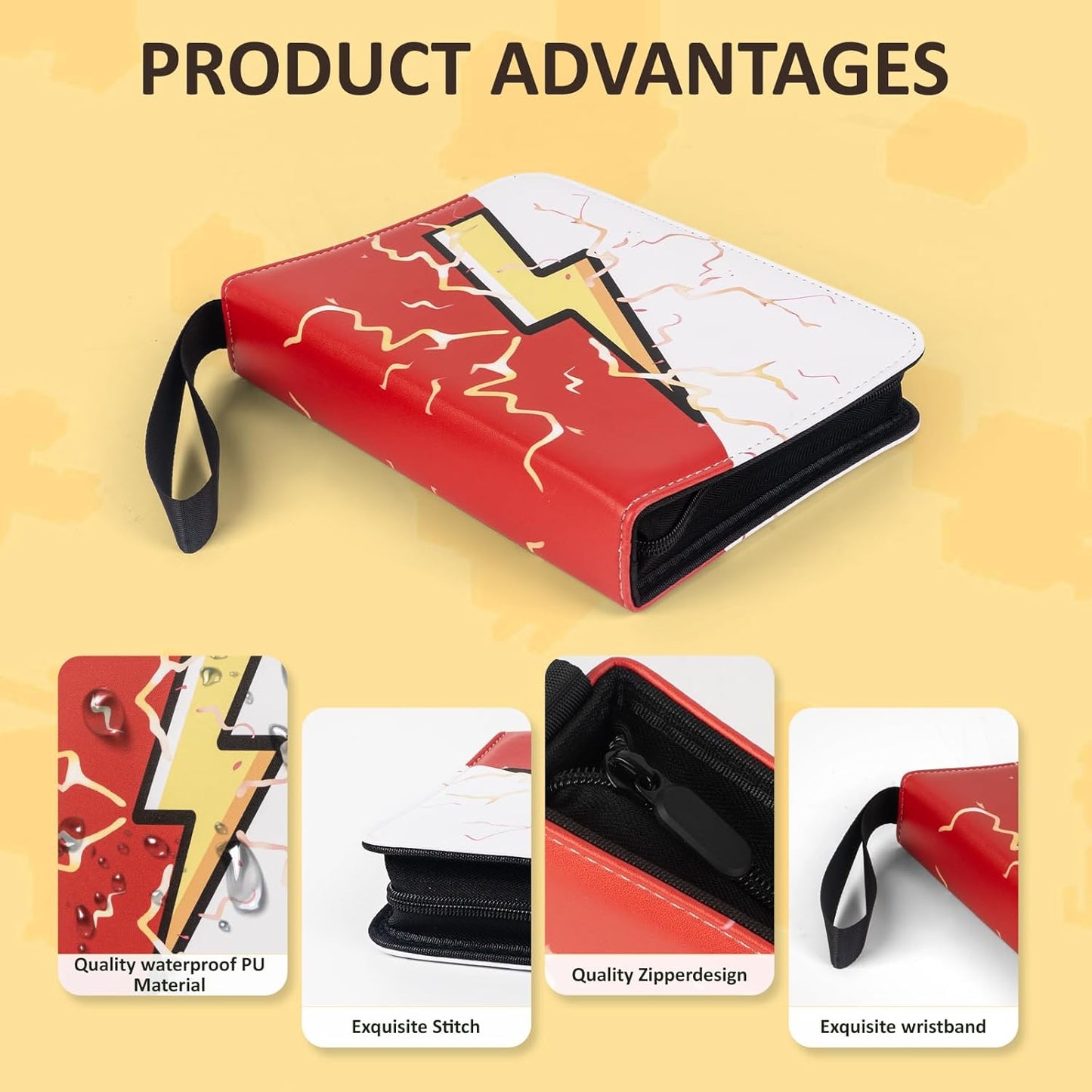 Card Binder - 4 Pocket Trading Card Holder with 50 Sleeves | Portable Red & White Collection Album for Games & Sports Cards