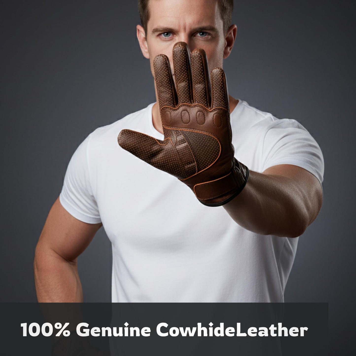 ValuxeStyle Men's Perfect Motorcycle Perforated Black Leather Gloves-Knuckle Protection-Comfortable Leather Gloves for Men (Brown, Large)