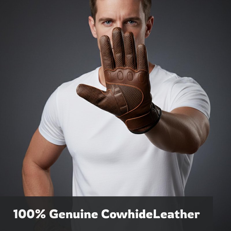ValuxeStyle Men's Perfect Motorcycle Perforated Black Leather Gloves-Knuckle Protection-Comfortable Leather Gloves for Men (Brown, Large)