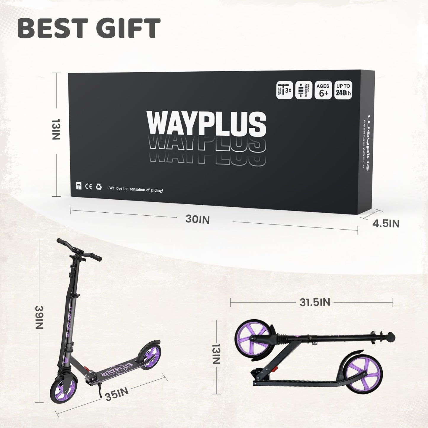 WAYPLUS Kick Scooter for Ages 6+,Kid, Teens & Adults. Max Load 240 LBS. Foldable, Lightweight, 8IN Big Wheels for Kids, Teen and Adults, 4 Adjustable Levels. Bearing ABEC9