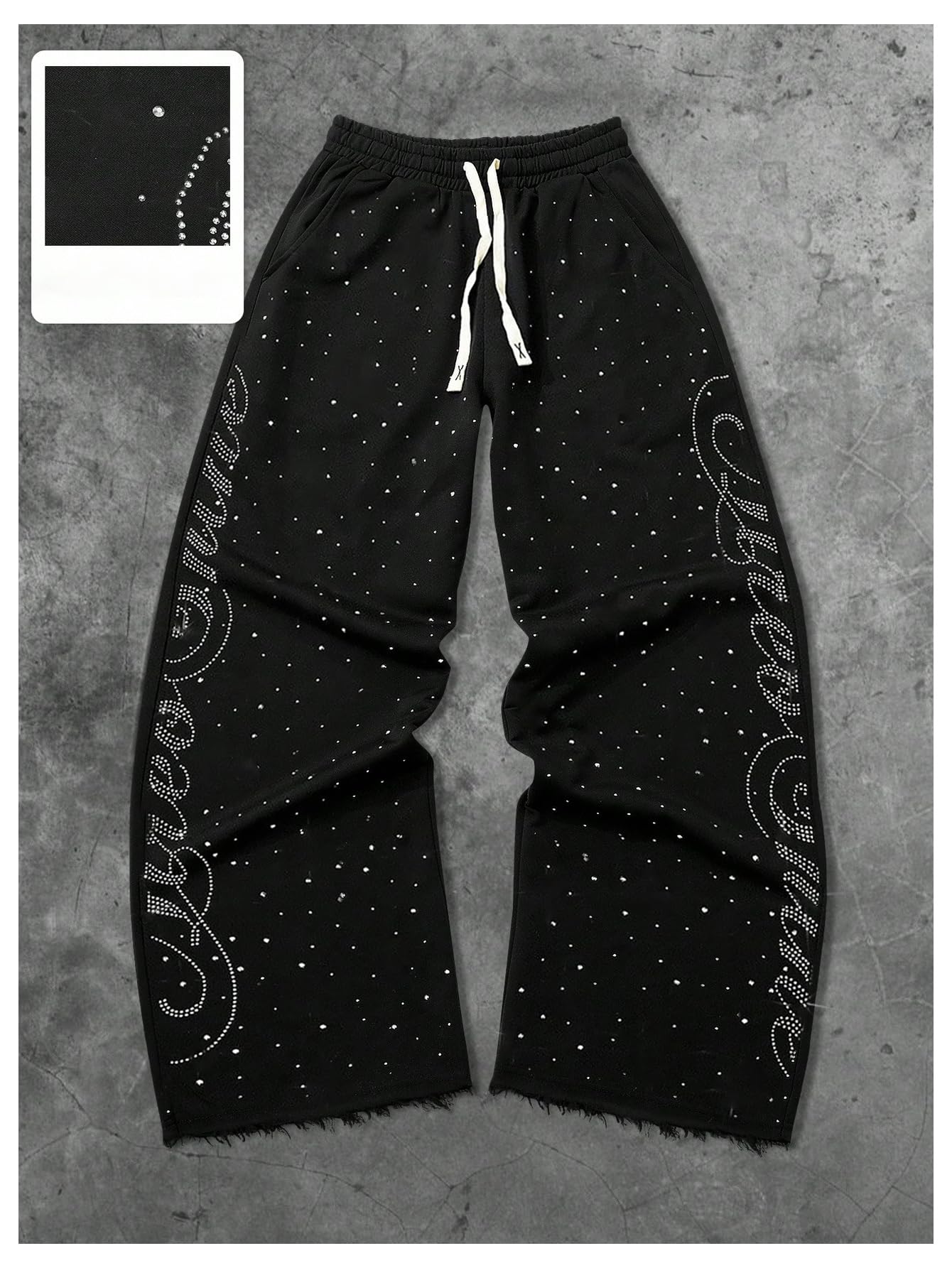 BEAUDRM Men's Rhinestone Baggy Sweatpants Y2k Drawstring Waist Wide Leg Track Pants Streetwear with Pockets Black Large