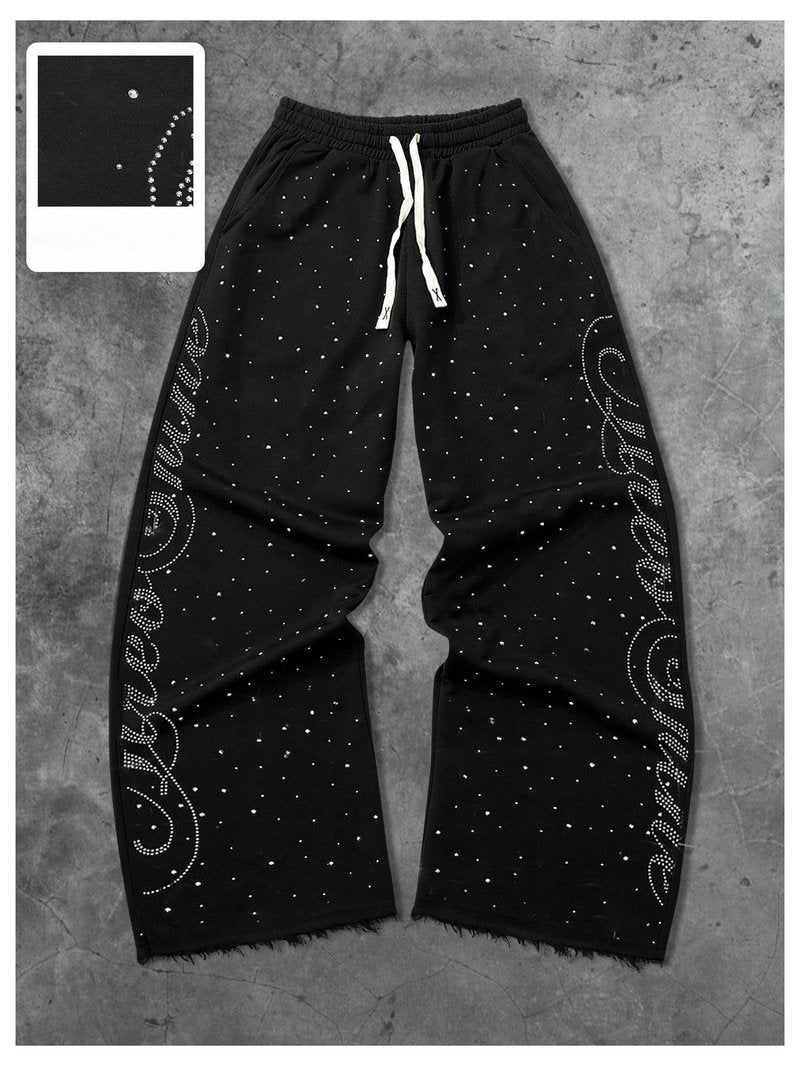 BEAUDRM Men's Rhinestone Baggy Sweatpants Y2k Drawstring Waist Wide Leg Track Pants Streetwear with Pockets Black Large