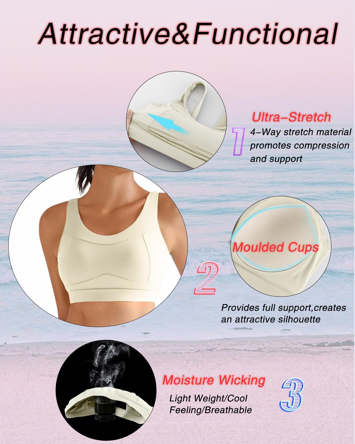 RUNNING GIRL High Impact Sports Bras for Women,Racerback Running Bra Workout Crop Tank Tops Longline Sports Bra Push up(WX2667 White Apricot M)