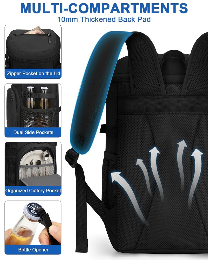 Pritent Cooler Backpack for Men Women Insulated Waterproof Backpack Coolers Leak Proof Cooler Bag Lightweight Lunch Backpack for Camping Beach Travel Picnic(Black,30 Cans)