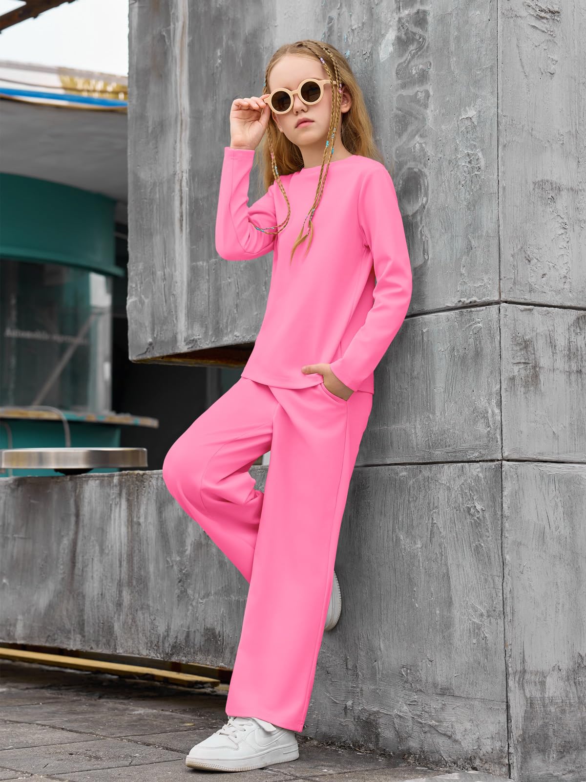 Haloumoning Girls Sweatsuit Kids Fashion Long Sleeve Sweatshirt and Wide Leg Pants Tracksuit Sets 2 Piece Outfits