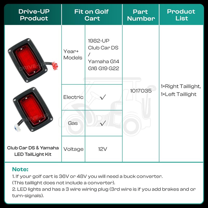 DRIVE UP LED Tail Light Kit for Club Car DS 1982-Up Golf Cart with 3 Wire Club Car Taillights OEM1017035