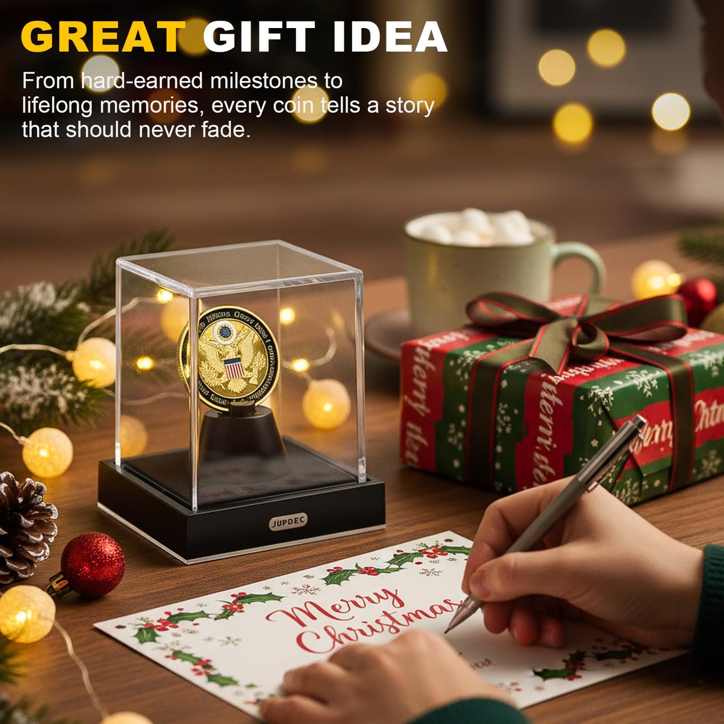 JupDec Coin Display Case, Clear Acrylic Single Coin Holder with Durable Base, Dustproof Cube Showcase with Black Velvet Interior, Ideal Gift for Challenge Coin Fans & Collectors