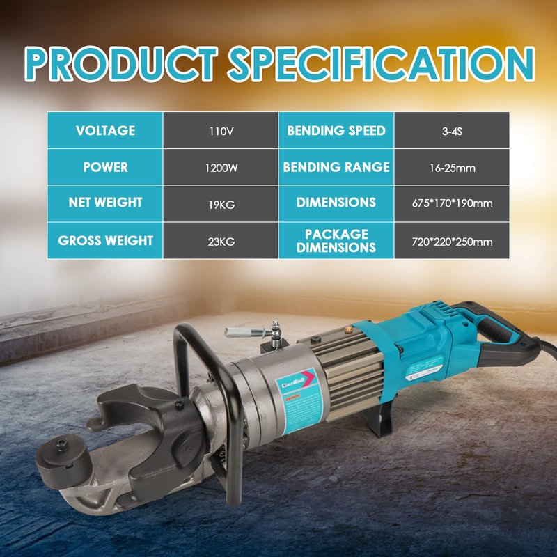 CENTALL 1" Electric Hydraulic Rebar Bender 16-25mm 3s Easily Bending Portable Rebar Bender 1200W 120v/60hz Bending Angle 0-130 Degrees HRB-25 (Blue)