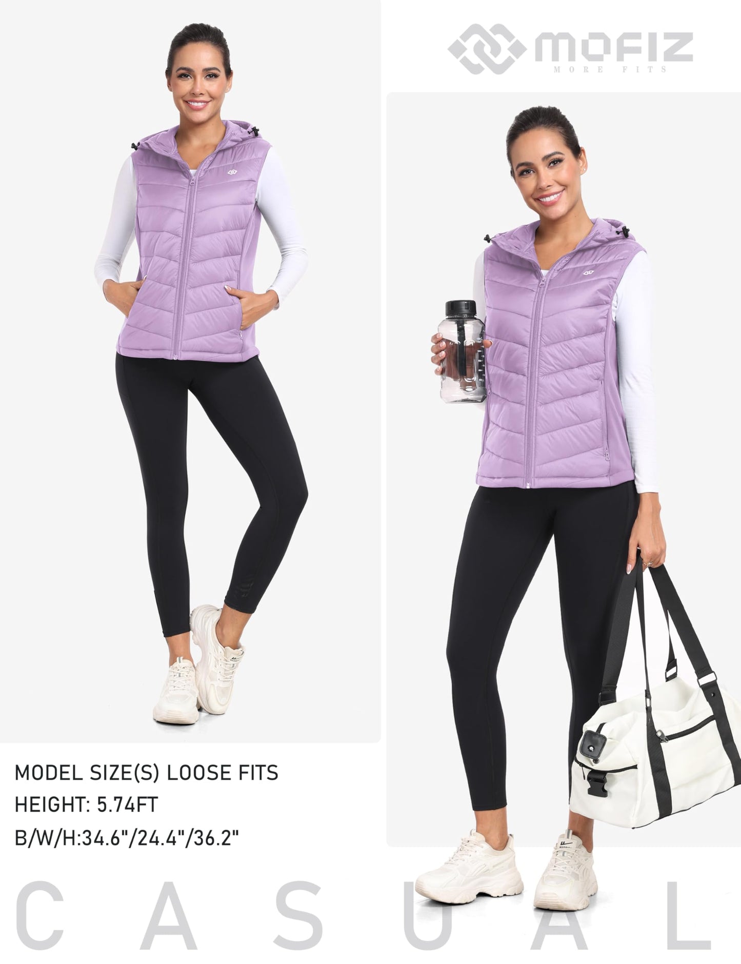 MoFiz Women's Puffer Vest Lightweight Hooded Slim Fit Running FLeece Lined Hybrid Sleeveless Warm up Winter Vest Light Purple M