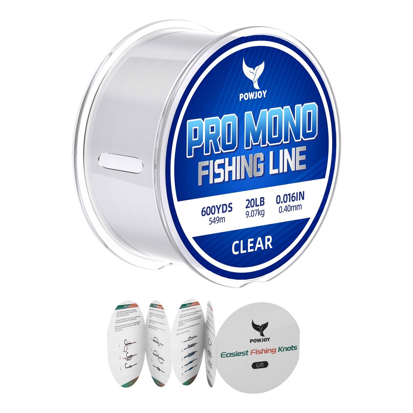 POWJOY 20lb Clear Monofilament Fishing Line 600Yds, No‑Tangle Snap Ring, Low-Stretch Nylon Mono String with Knot Guide, Invisible Underwater & Abrasion Resistant, Multi purpose for hanging decorations